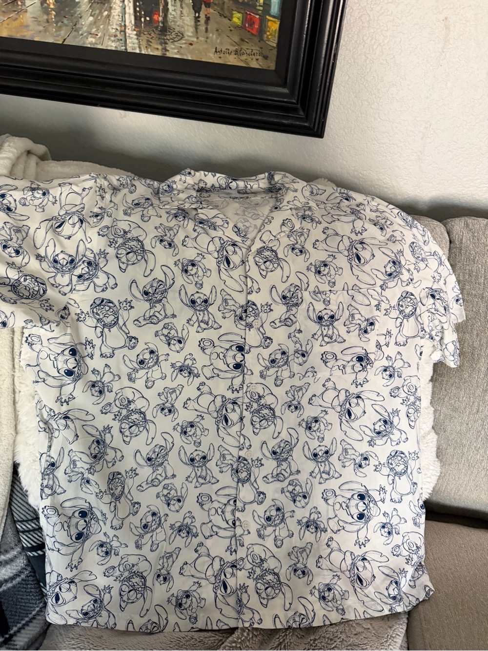 Disney Stitch White Button-Down Shirt with Navy Stitch Character Sketch Print